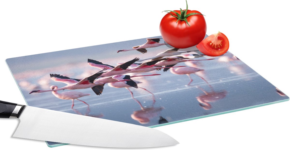 Glazen Snijplank - 28x20 - Flamingo - Vogel - Water - Roze - Snijplanken Glas