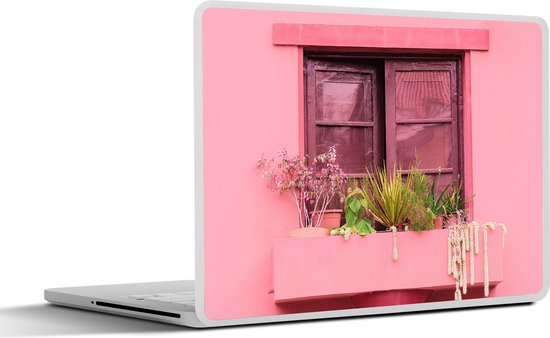 Laptop sticker - 14 inch - Raam - Planten - Roze - Plantenbak - 32x5x23x5cm - Laptopstickers - Laptop skin - Cover