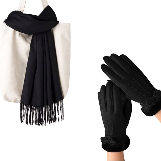 Winterset zwart - Zwarte Sjaal 200*70cm + Zwarte handschoen maat M