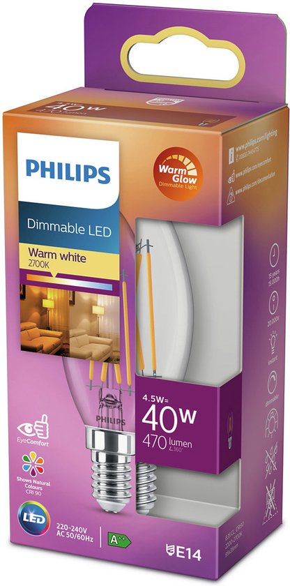 Philips LED Kaars E14 Transparant 40W Dimbaar Warm Wit Licht