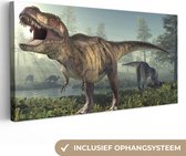 Canvas schilderij dino - Kinderkamer decoratie - Dinosaurus - Landschap - Natuur - Dieren - Canvas doek kinderen - Kids - Muurdecoratie - 40x20 cm