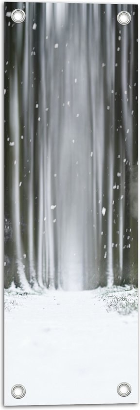 WallClassics - Tuinposter – Vallende Sneeuw op Bospad - 20x60 cm Foto op Tuinposter  (wanddecoratie voor buiten en binnen)