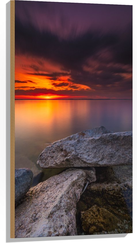 WallClassics - Bois - Petits Rochers sur l' Water avec Coucher de Soleil - 50x100 cm - 12 mm d'épaisseur - Photo sur Bois (Avec Système d'accrochage)