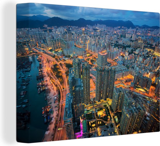 Canvas Schilderij Avond skyline van Kobe in Japan - 80x60 cm - Wanddecoratie