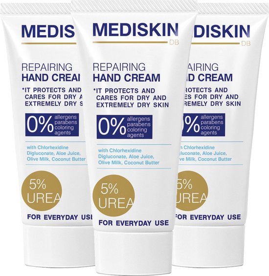 Drie Mediskin tubes met witte en blauwe labels, met tekst over 5% ureum en aloë vera.