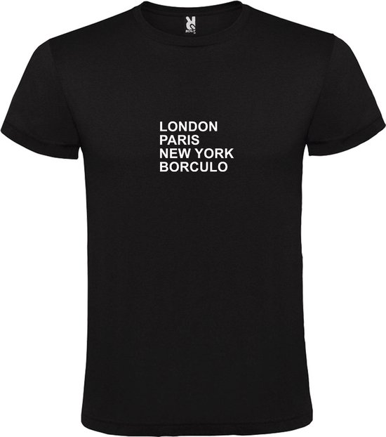 Zwart T-Shirt met “ LONDON, PARIS, NEW YORK, BORCULO “ Afbeelding Wit Size XXXXL
