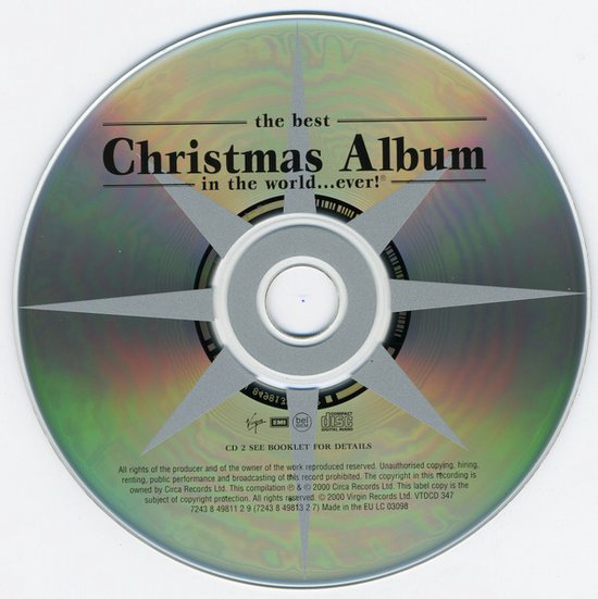 CD met zilveren sterpatroon, 'the best Christmas Album in the world...ever!' tekst en informatie.
