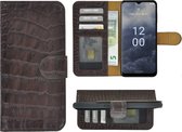 Nokia G60 Hoesje - Bookcase - Nokia G60 Book Case Wallet Echt Leer Croco Chocoladebruin Cover