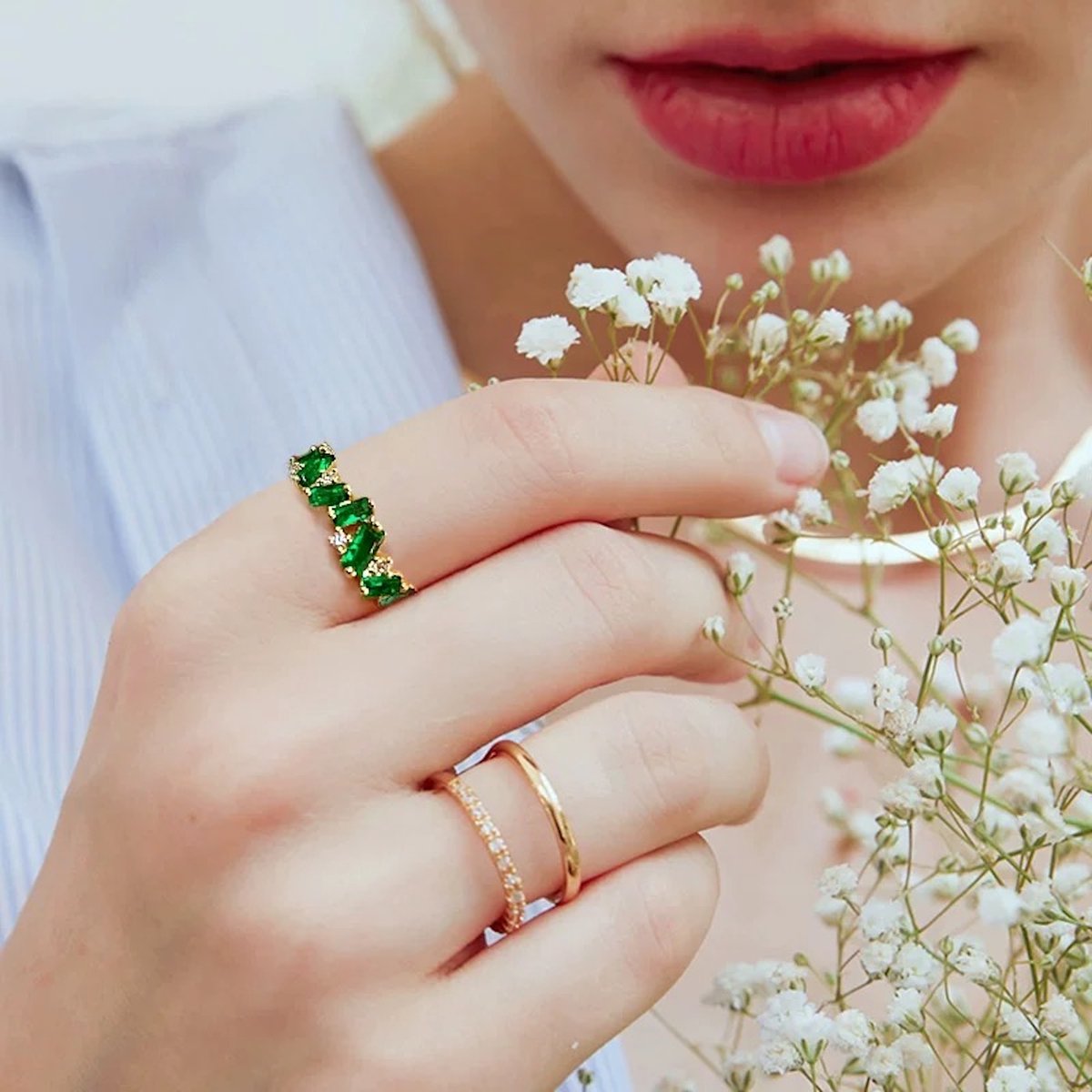 Emerald floral hoop - Elegante en koninklijke smaragd geslepen gouden vermeil ring - Maat 6