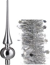 Kerstversiering glazen piek glans 26 cm en sterren folieslingers pakket zilver van 3x stuks - Kerstboomversiering