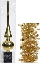 Kerstversiering glazen piek glans 26 cm en sterren folieslingers pakket goud van 3x stuks - Kerstboomversiering