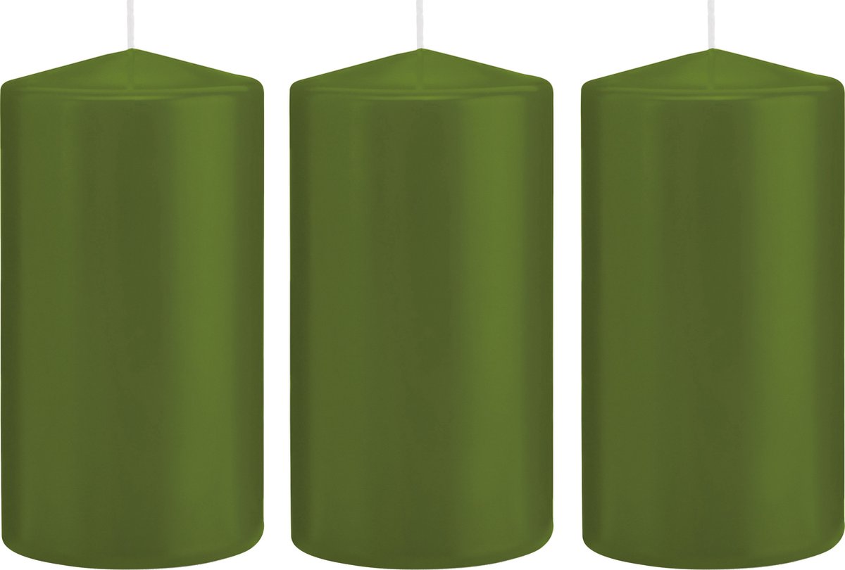 Trend Candles Cilinderkaars/stompkaars - 3x - olijfgroen - 8 x 15 cm - 69 branduren - horeca kaarsen