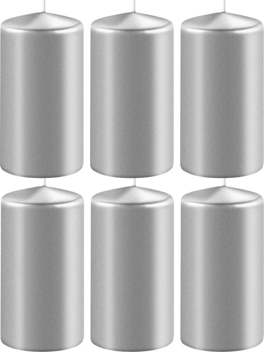 Enlightening Candles 6x Metallic zilveren cilinderkaarsen/stompkaarsen 6 x 12 cm 45 branduren - Geurloze kaarsen metallic zilver - Woondecoraties