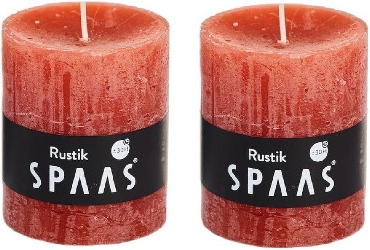 SPAAS 2x Oranje rustieke cilinderkaarsen/stompkaarsen 7 x 8 cm 30 branduren - Geurloze kaarsen - Woondecoraties