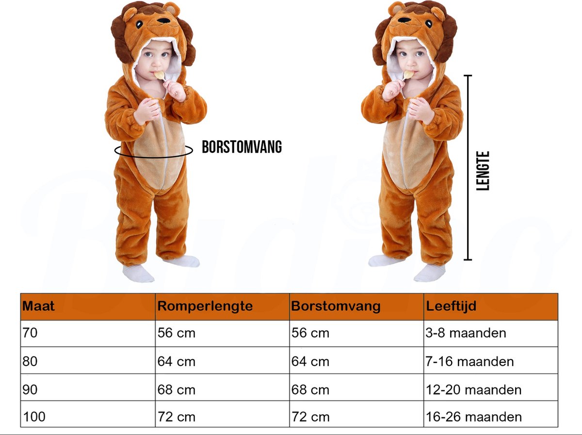 Budino® Baby Onesie - Baby Romper - Baby Pyjama - Baby Pakje - Baby Verkleedkleding - Carnavalskleding - Dier - Leeuw - Bruin — afbeelding 7