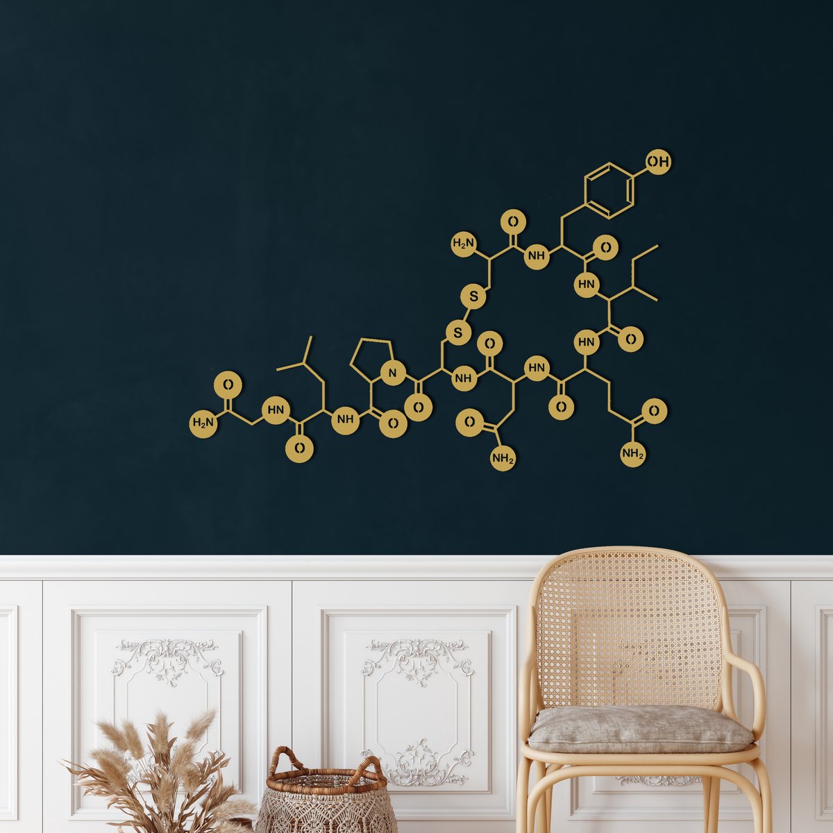 Wanddecoratie | Oxytocine-Molecuul / Oxytocin Molecule | Metal - Wall Art | Muurdecoratie | Woonkamer | Buiten Decor |Gouden| 60x39cm