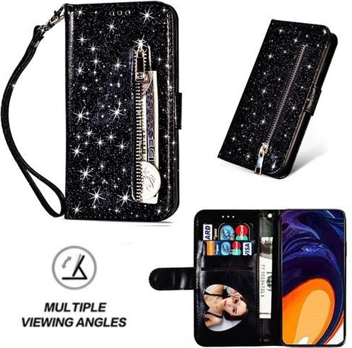 Samsung A81 Glitter Hoesje Met Pasjeshouder Bookcase Zwart