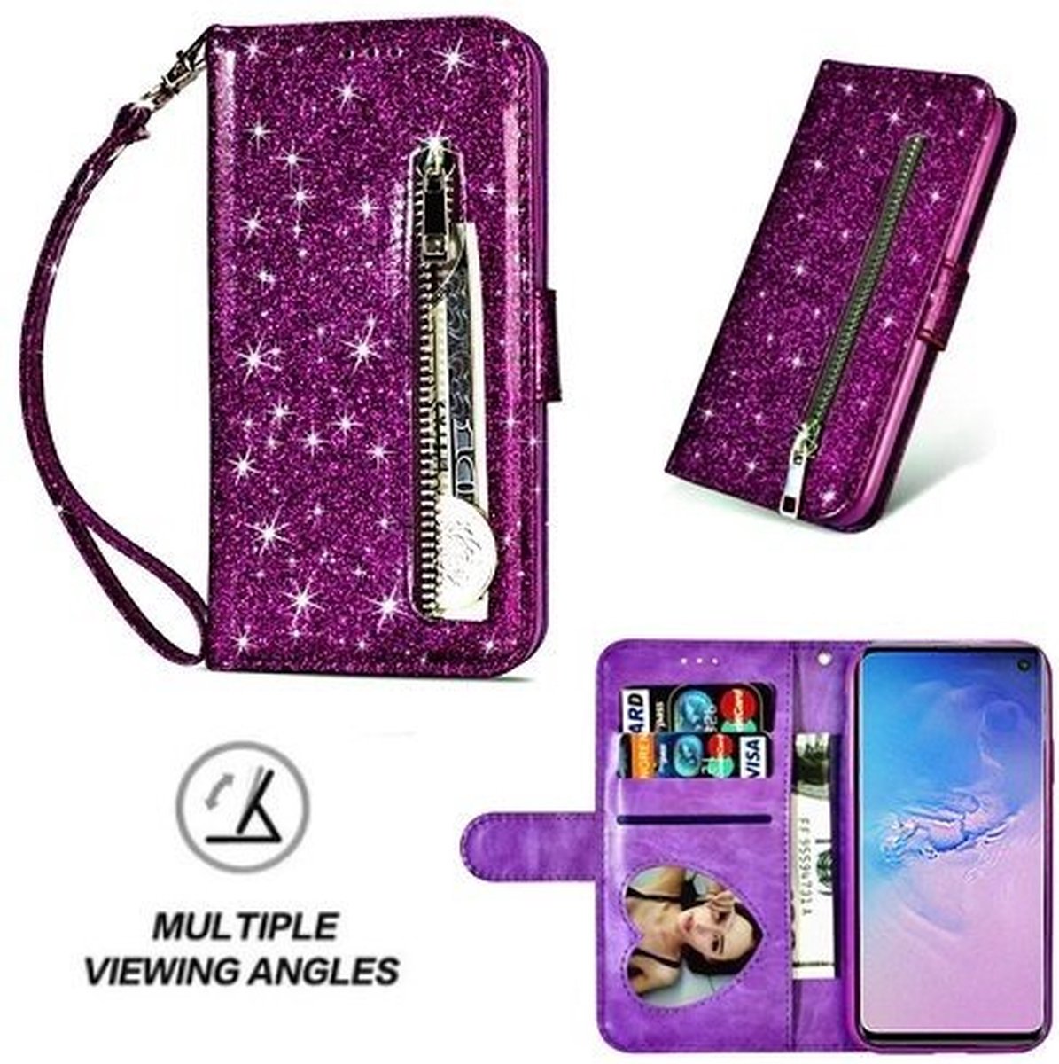 Samsung S10 Glitter Hoesje Met Pasjeshouder Bookcase Paars