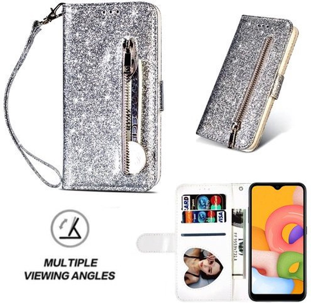 Samsung A01 Glitter Hoesje Met Pasjeshouder Bookcase Zilver