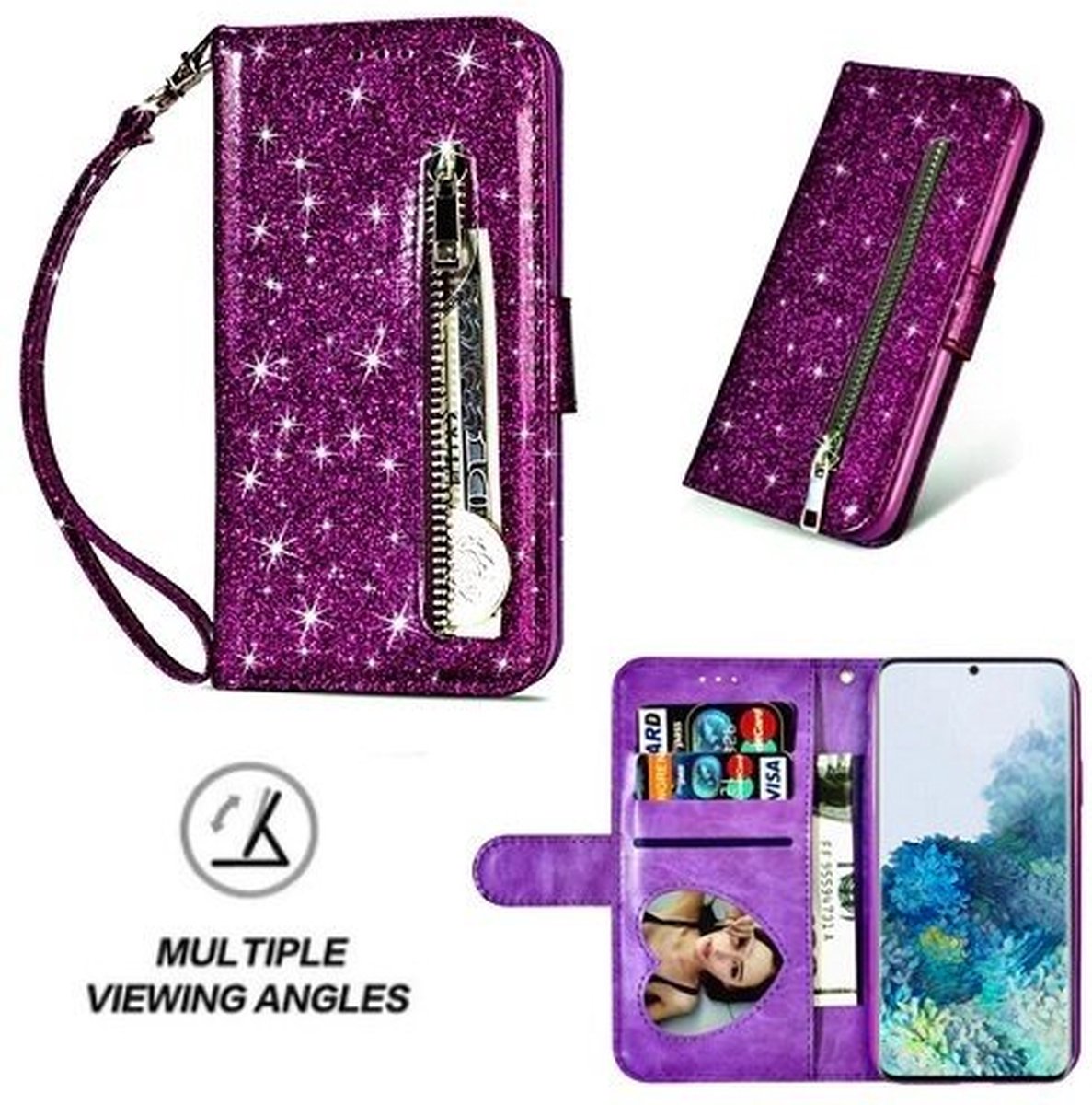Samsung S20 Plus Glitter Hoesje Met Pasjeshouder Bookcase Paars