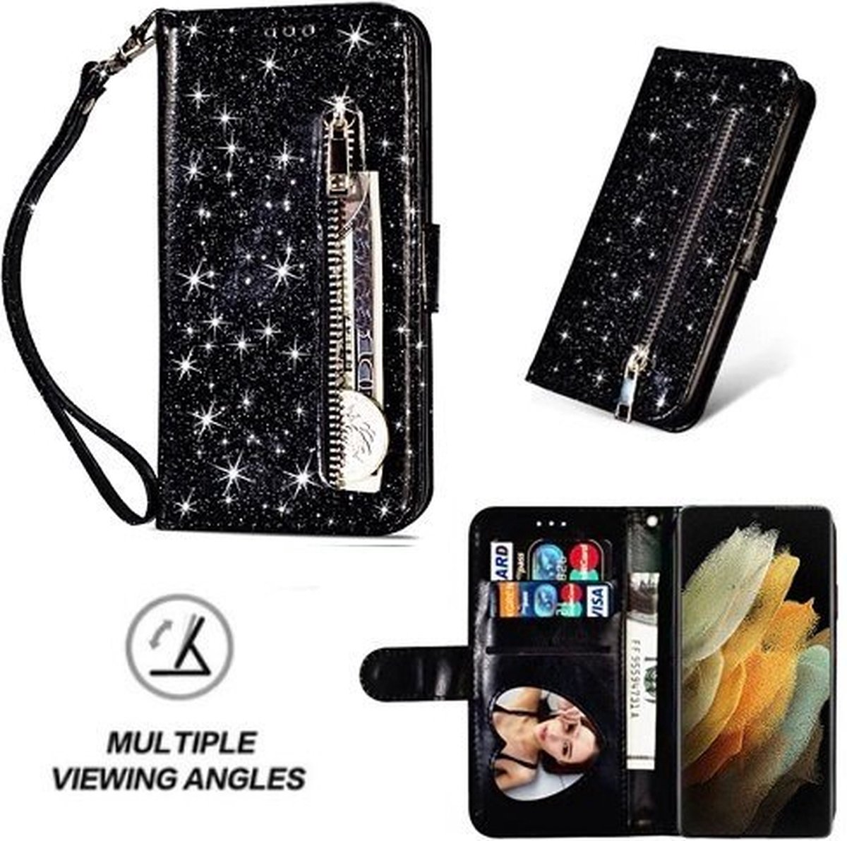 Samsung S21 Ultra Glitter Hoesje Met Pasjeshouder Bookcase Zwart