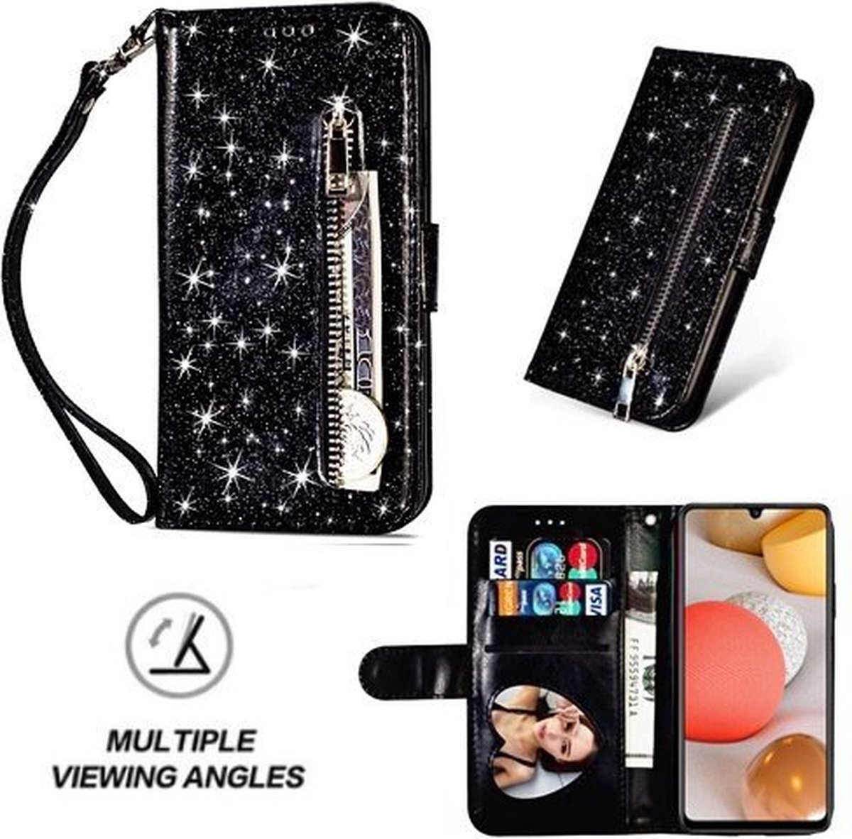 Samsung A42 Glitter Hoesje Met Pasjeshouder Bookcase Zwart