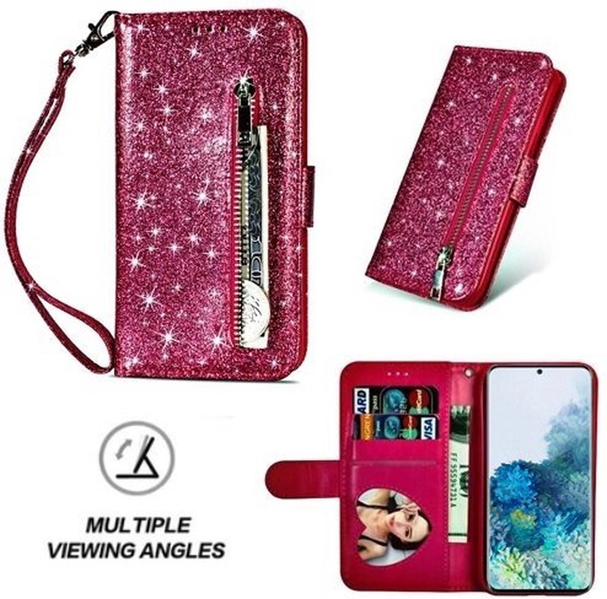Samsung S20 Plus Glitter Hoesje Met Pasjeshouder Bookcase Roze