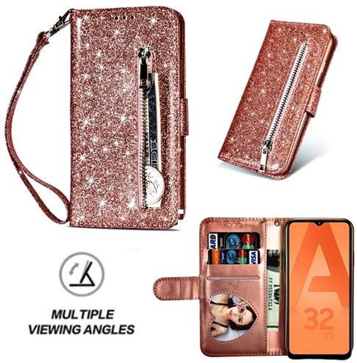 Samsung A32 5G Glitter Hoesje Met Pasjeshouder Bookcase Rose Goud