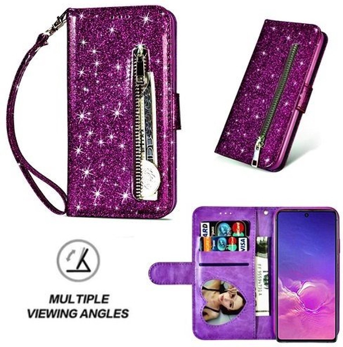 Samsung S10 Lite Glitter Hoesje Met Pasjeshouder Bookcase Paars