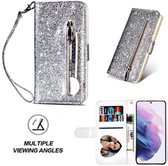 Samsung S21 Glitter Hoesje Met Pasjeshouder Bookcase Zilver