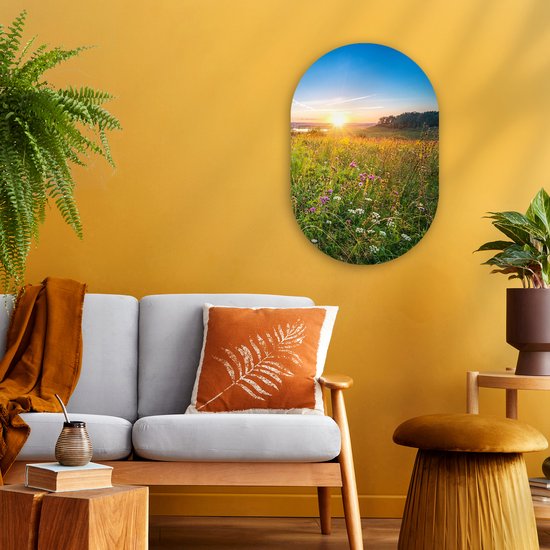 Ovale mural - Décoration murale en plastique - Tableau ovale - Soleil - Herbe - Fleurs - 40x60 cm - Forme miroir ovale sur plastique