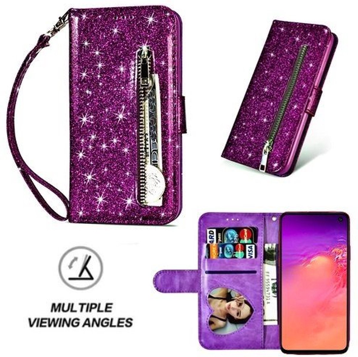 Samsung S10e Glitter Hoesje Met Pasjeshouder Bookcase Paars