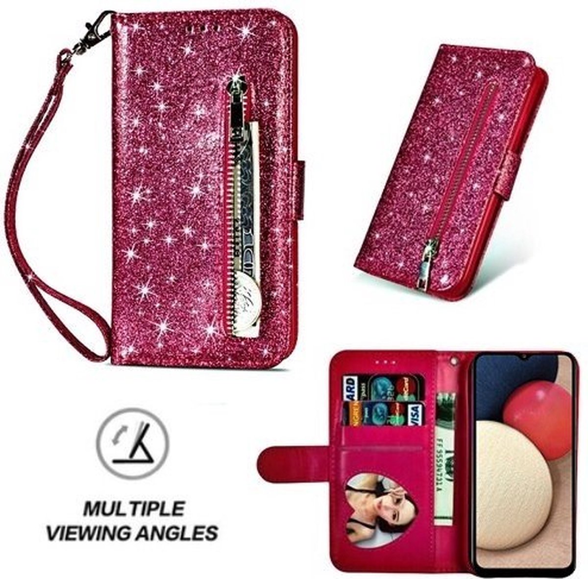 Samsung A02s Glitter Hoesje Met Pasjeshouder Bookcase Roze
