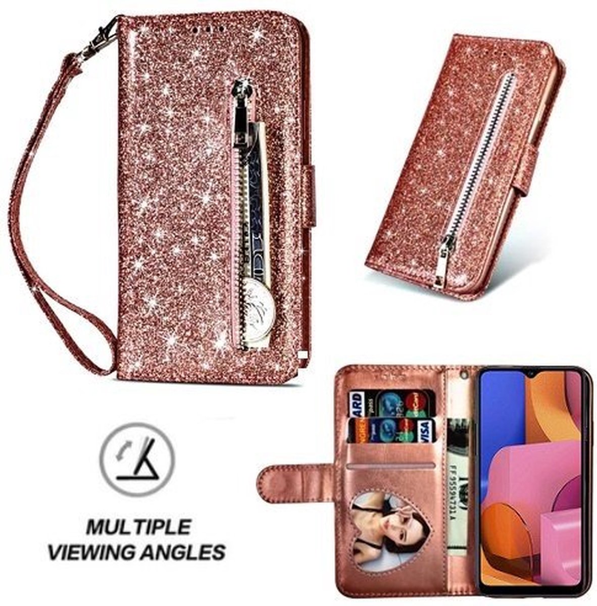 Samsung A20s Glitter Hoesje Met Pasjeshouder Bookcase Rose Goud