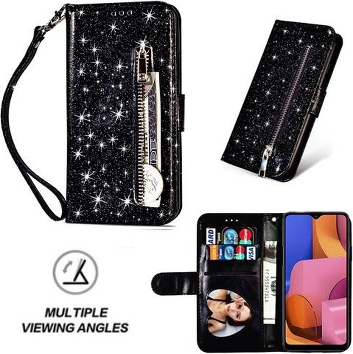 Samsung A20s Glitter Hoesje Met Pasjeshouder Bookcase Zwart