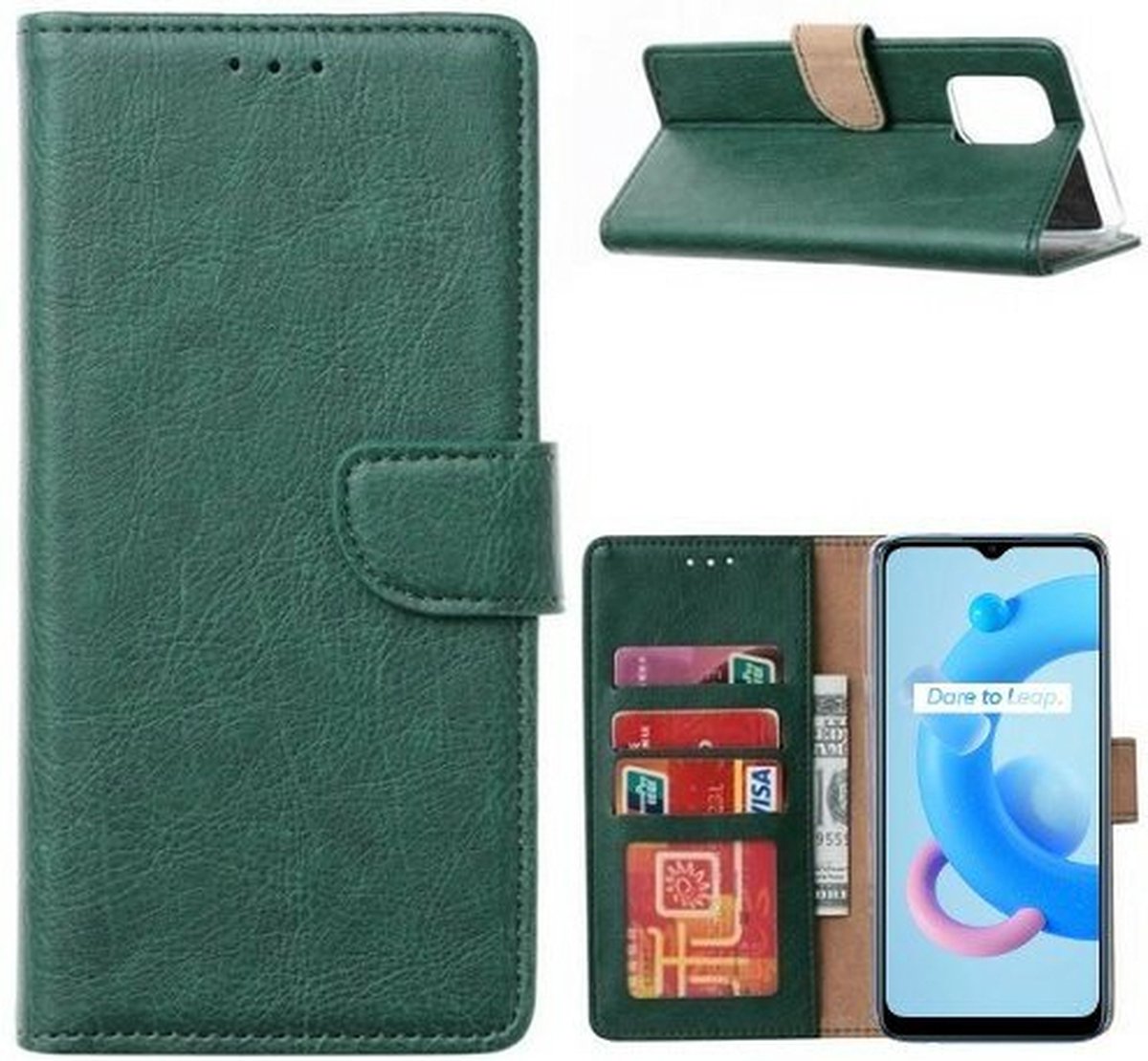 Realme C11 Hoesje Met Pasjeshouder Bookcase Donkergroen