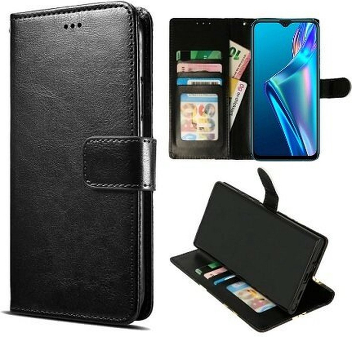 Oppo A12s Hoesje Met Pasjeshouder Bookcase Zwart
