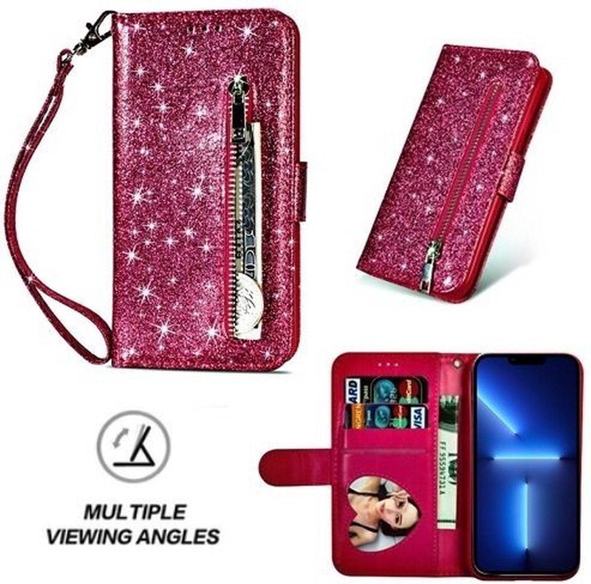 iPhone 13 Pro Glitter Hoesje Met Pasjeshouder Bookcase Roze