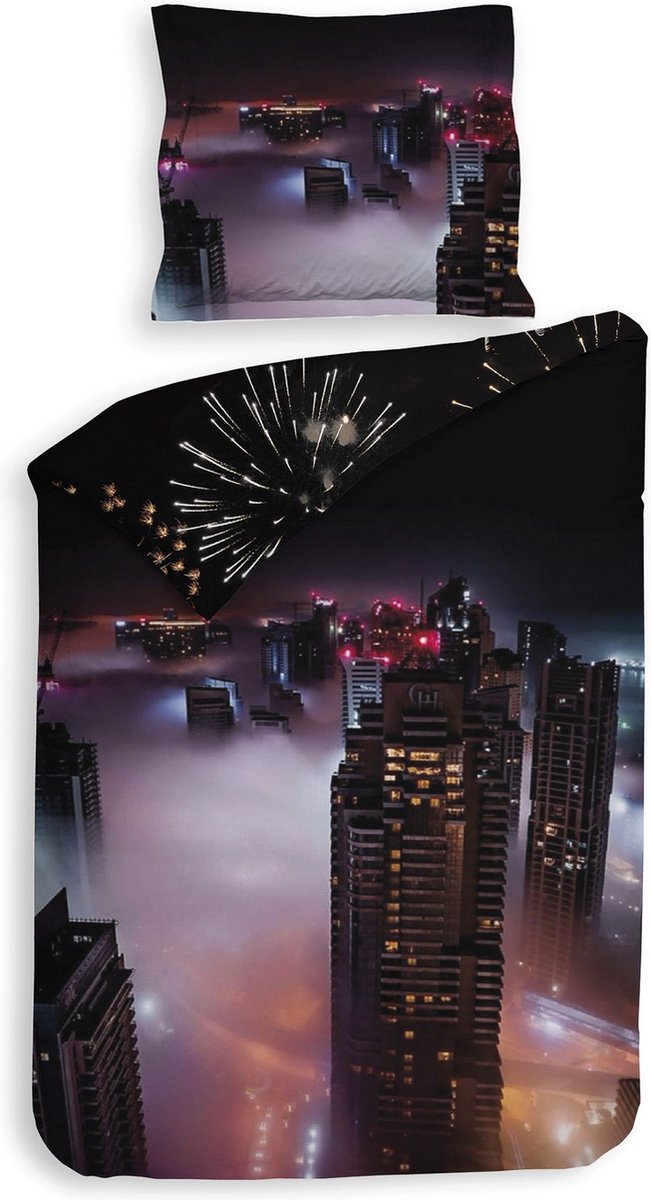 Heckettlane Dekbedovertrek Amira - Bedlinnen met Stad print - 140x220 - Zwart - Dekbedhoes van 100% Katoen-Twill