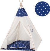 Springos Tipi Tent | Wigwam Speeltent | 120x100x180 cm | Met Mat en Kussens | Naturel Navy | Sterren