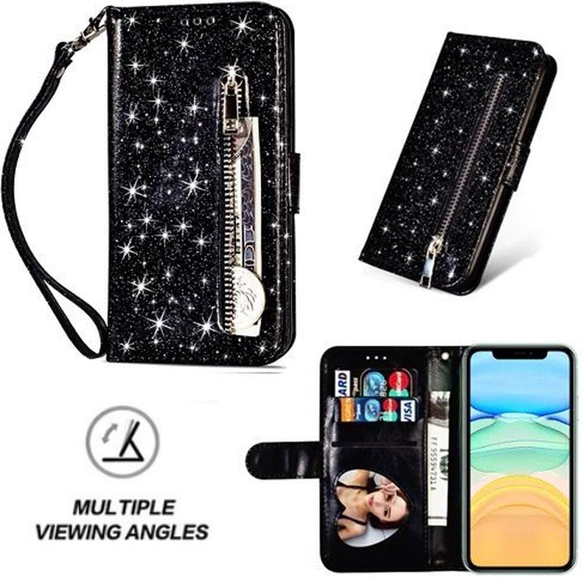 iPhone 11 Glitter Hoesje Met Pasjeshouder Bookcase Zwart