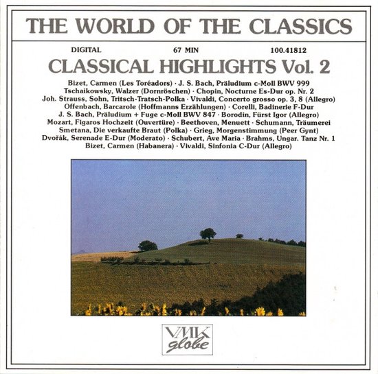 Albumhoes van 'The World of the Classics: Classical Highlights Vol. 2' met een landschap van glooiende heuvels en bomen.