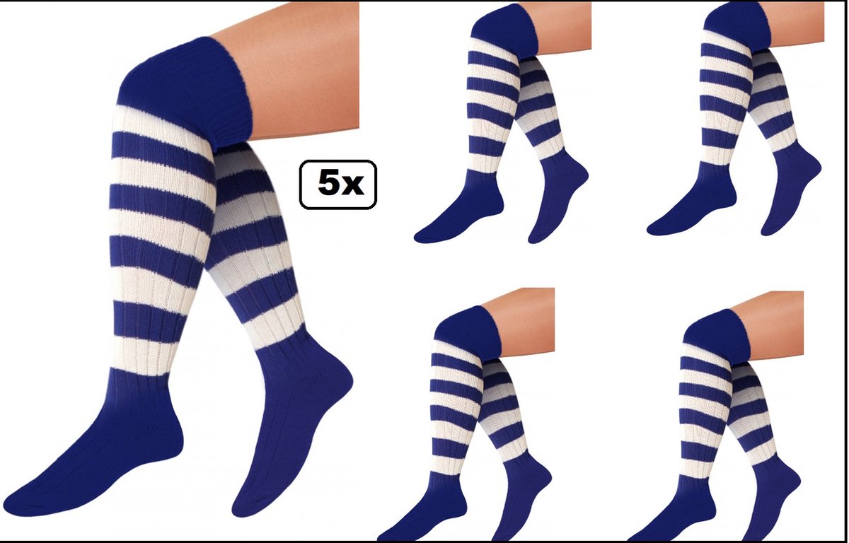 5x Paar Lange sokken blauw/wit gebreid mt.41-47 - Tiroler heren dames kniekousen kousen voetbalsokken festival Oktoberfest voetbal sport