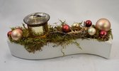 Kerststukje in wit aardewerk schaaltje met waxinelichtjeshouder, goud/rood, L 27 cm, H 7 cm, Br 6 cm