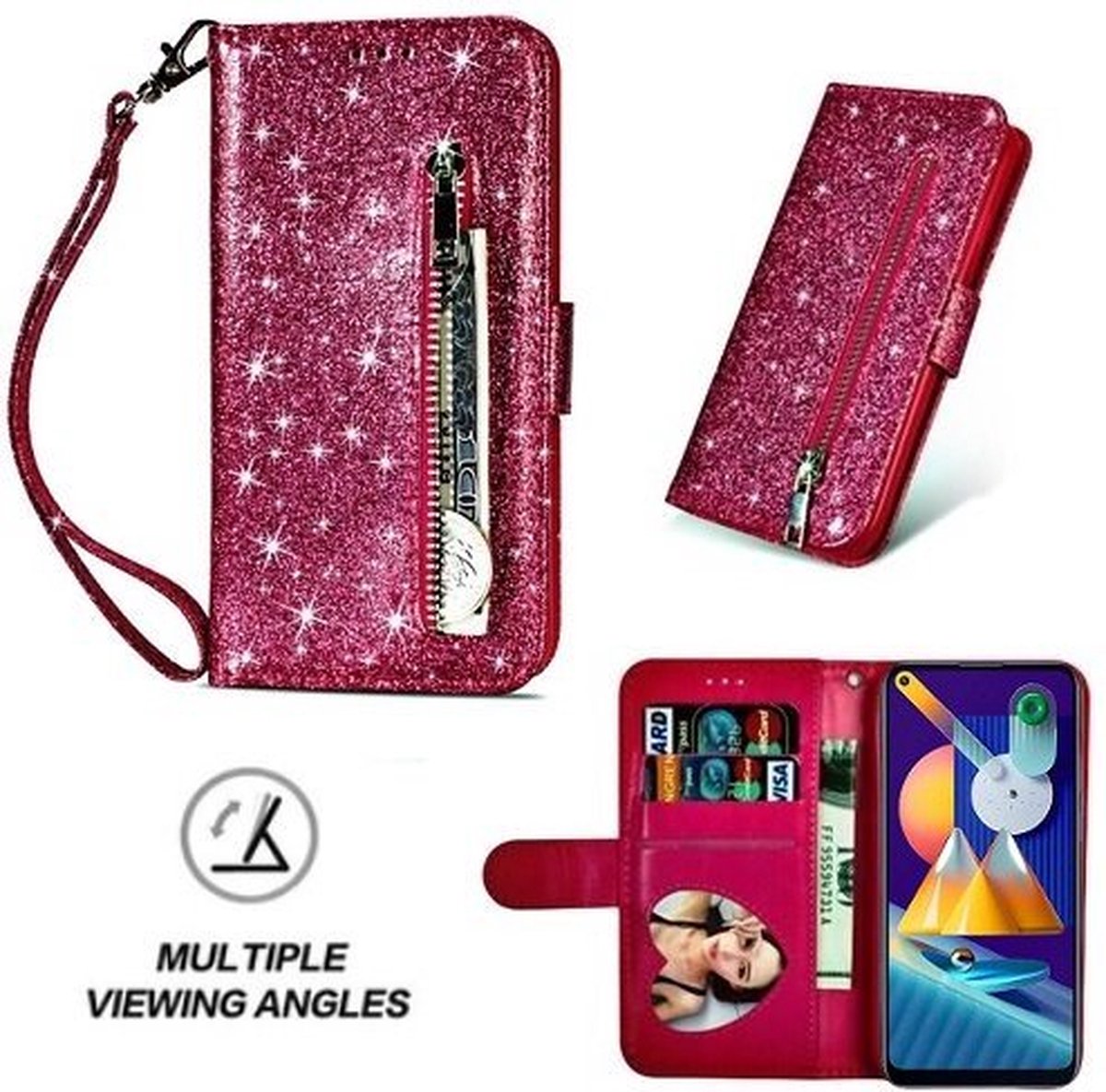 Samsung M11 Glitter Hoesje Met Pasjeshouder Bookcase Roze