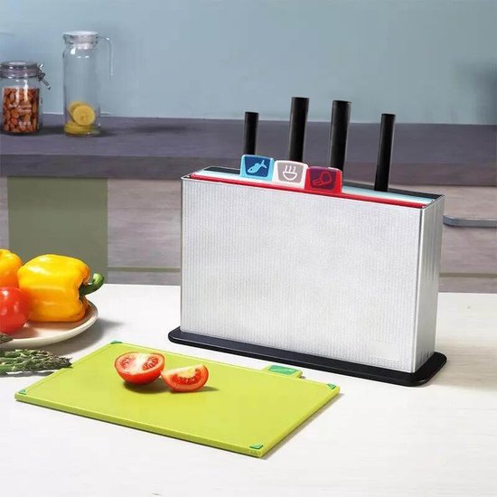 Joseph Joseph Folio Icon - 4-delige antislip snijplankenset met kleurcodering en opberghoes