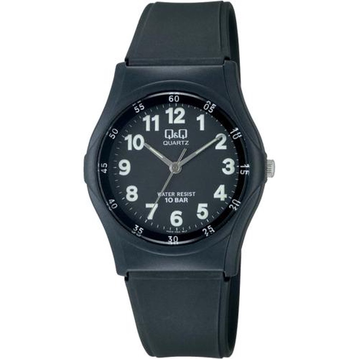 QQ VQ04J004Y - Horloge - Sport - Analoog - Unisex - Plastic band - Rond - Cijfers - Kunststof - Zwart - 10 ATM