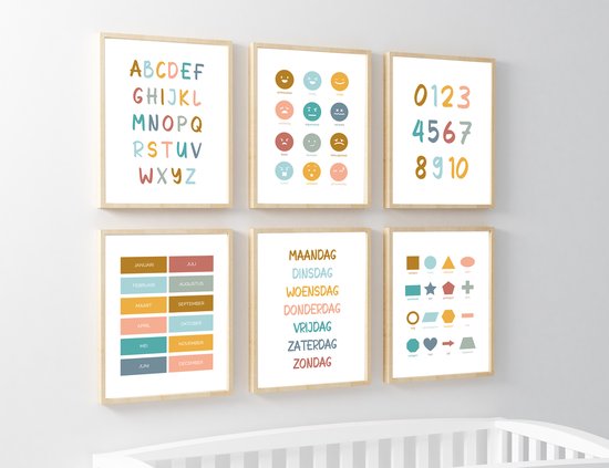 Happy Walls Set van 6 Educatieve Posters - A4 20x30cm - Kinderposters - Geboorte - Babyshower - Wanddecoratie kinderkamer 1 jaar - 2 jaar - 3 jaar - 4 jaar - 5 jaar - 6 jaar - 7 jaar - Wit