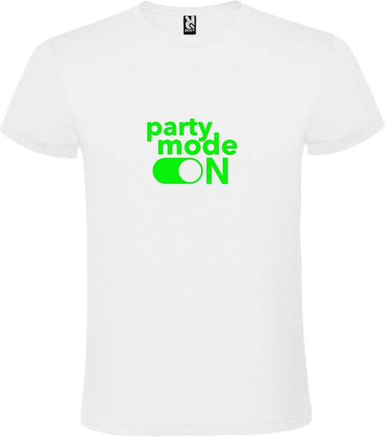 Wit T-Shirt met “ Party Mode On “ afbeelding Neon Groen Size XL