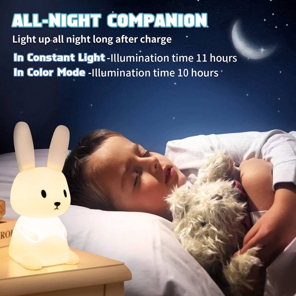 SOLID Bunny Night Light pour bébés avec 7 changements de lumière, contrôle  du robinet